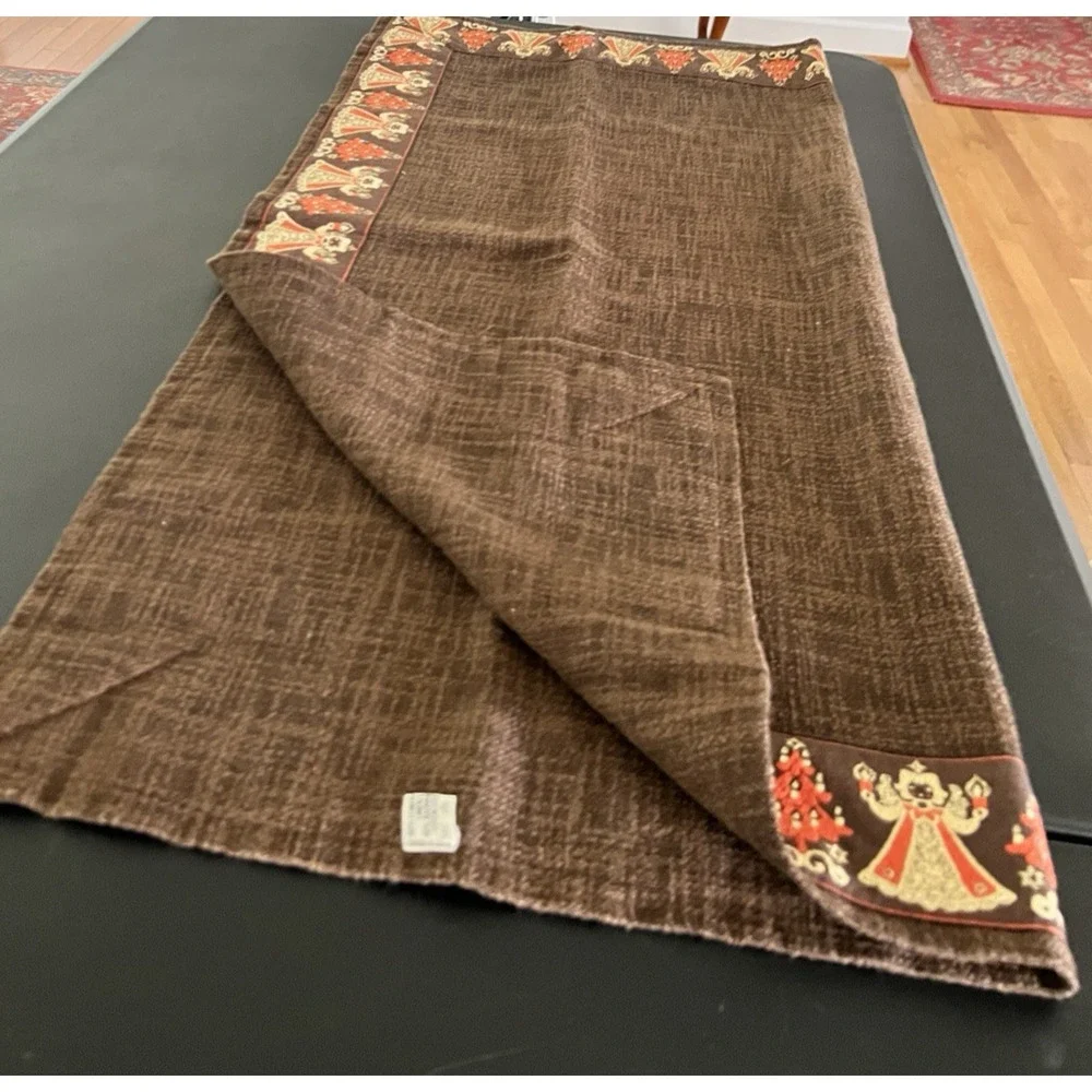 KOLF Austria FOLK ART Christmas Angel & Tree Brown Jacquard Tablecloth Vintage